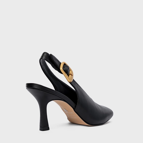 Scarpin Slingback Buckle Salto Fino Couro Preto