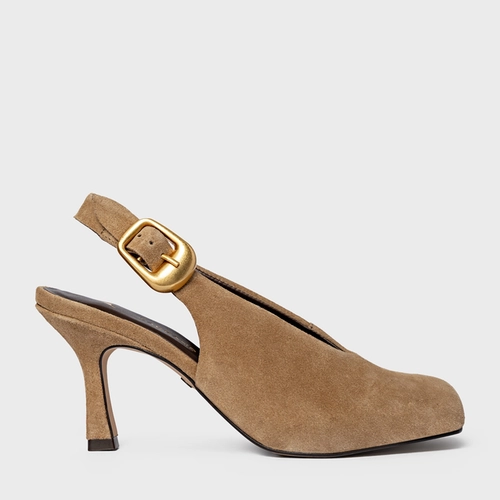 Scarpin Slingback Buckle Salto Fino Couro Suede Bege Almond