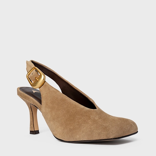 Scarpin Slingback Buckle Salto Fino Couro Suede Bege Almond