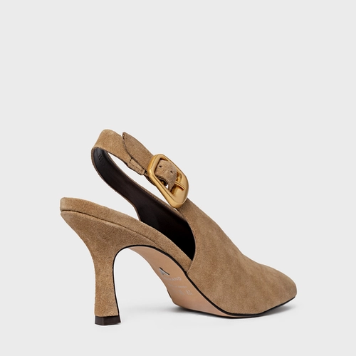 Scarpin Slingback Buckle Salto Fino Couro Suede Bege Almond