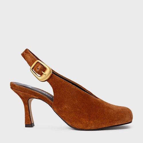 Scarpin Slingback Buckle Salto Fino Couro Suede Marrom Ferrugem