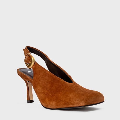 Scarpin Slingback Buckle Salto Fino Couro Suede Marrom Ferrugem