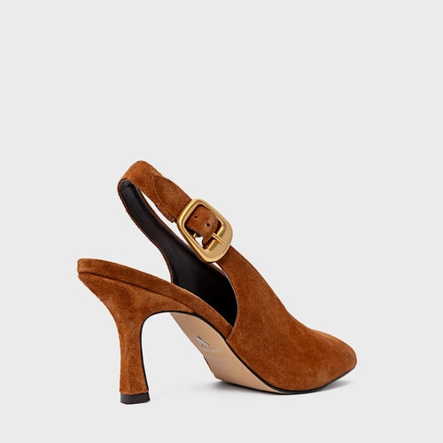 Scarpin Slingback Buckle Salto Fino Couro Suede Marrom Ferrugem