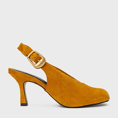 Scarpin Slingback Buckle Salto Fino Couro Suede Amarelo Curcuma