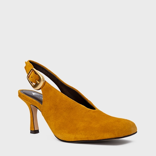 Scarpin Slingback Buckle Salto Fino Couro Suede Amarelo Curcuma