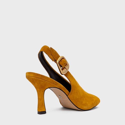 Scarpin Slingback Buckle Salto Fino Couro Suede Amarelo Curcuma