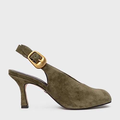 Scarpin Slingback Buckle Salto Fino Couro Suede Verde Army Green