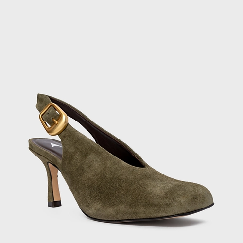 Scarpin Slingback Buckle Salto Fino Couro Suede Verde Army Green