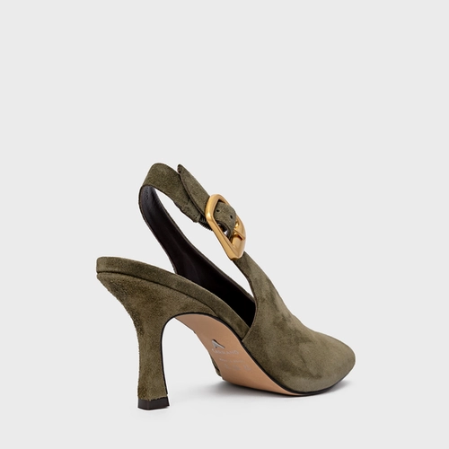 Scarpin Slingback Buckle Salto Fino Couro Suede Verde Army Green