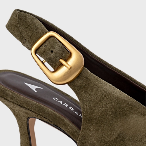 Scarpin Slingback Buckle Salto Fino Couro Suede Verde Army Green