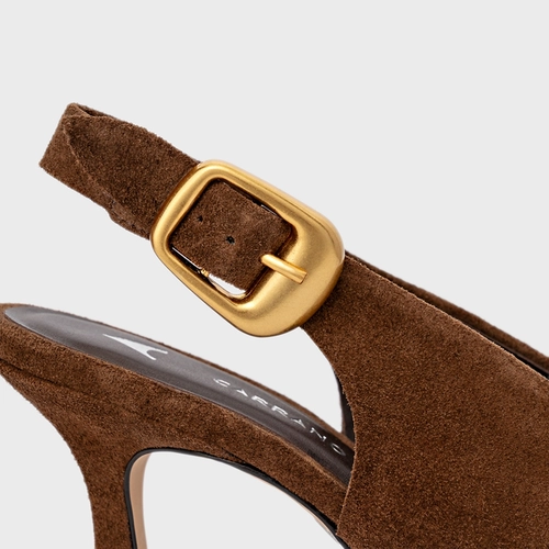 Scarpin Slingback Buckle Salto Fino Couro Suede Marrom Brownie