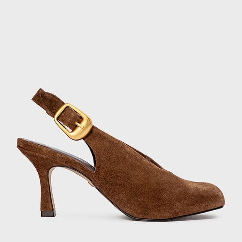 Scarpin Slingback Buckle Salto Fino Couro Suede Marrom Brownie