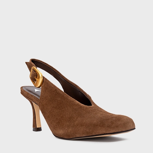 Scarpin Slingback Buckle Salto Fino Couro Suede Marrom Brownie