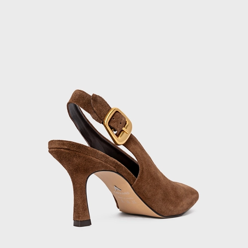 Scarpin Slingback Buckle Salto Fino Couro Suede Marrom Brownie