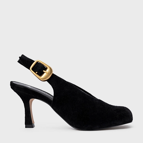 Scarpin Slingback Buckle Salto Fino Couro Suede Preto