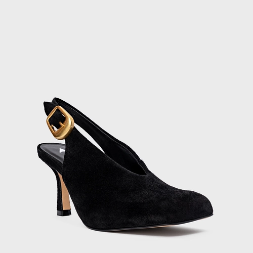 Scarpin Slingback Buckle Salto Fino Couro Suede Preto