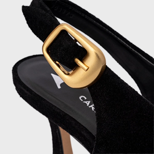 Scarpin Slingback Buckle Salto Fino Couro Suede Preto