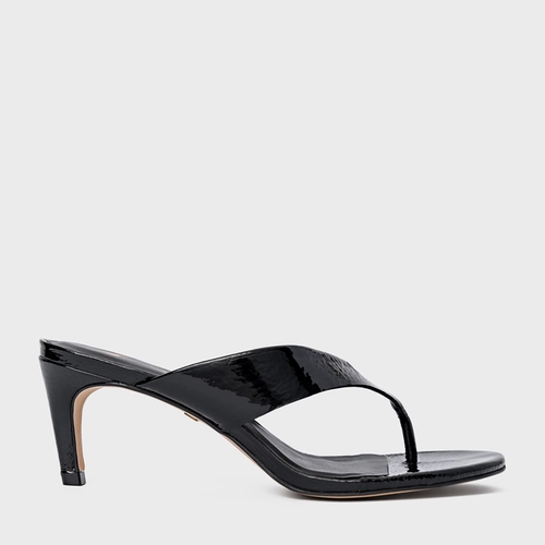 Open Mule Thong Timeless Salto Fino Couro Verniz Preto