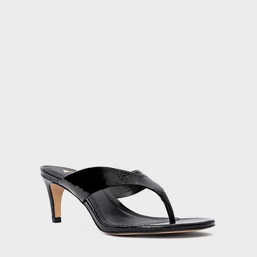Open Mule Thong Timeless Salto Fino Couro Verniz Preto