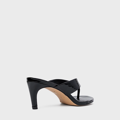 Open Mule Thong Timeless Salto Fino Couro Verniz Preto