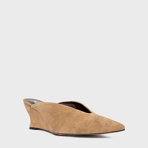 Mule Bico Fino Anabela Slim Couro Suede Bege Almond