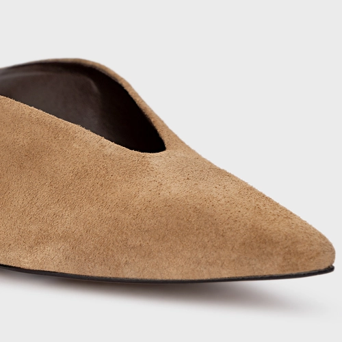 Mule Bico Fino Anabela Slim Couro Suede Bege Almond