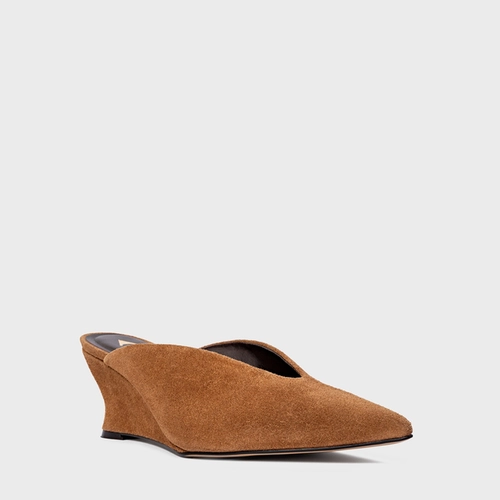 Mule Bico Fino Anabela Slim Couro Suede Marrom Saddle