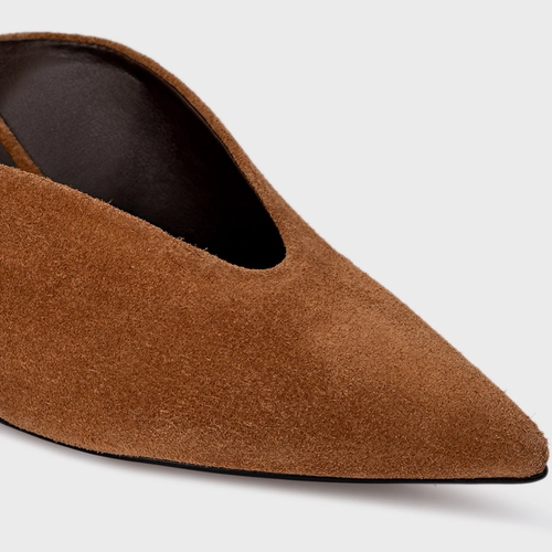 Mule Bico Fino Anabela Slim Couro Suede Marrom Saddle