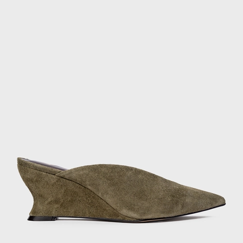 Mule Bico Fino Anabela Slim Couro Suede Verde Army Green