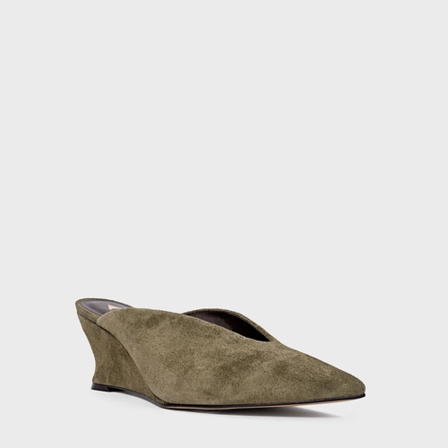 Mule Bico Fino Anabela Slim Couro Suede Verde Army Green