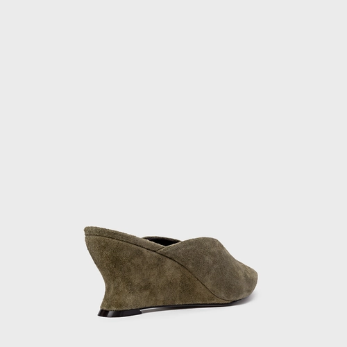 Mule Bico Fino Anabela Slim Couro Suede Verde Army Green
