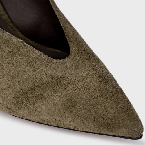 Mule Bico Fino Anabela Slim Couro Suede Verde Army Green