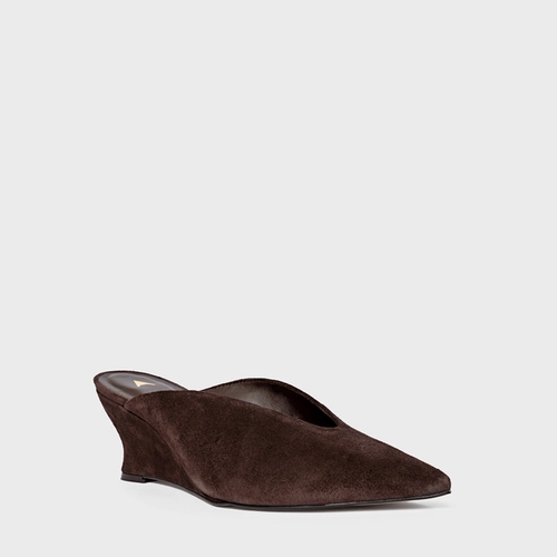 Mule Bico Fino Anabela Slim Couro Suede Marrom Ganache