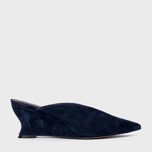 Mule Bico Fino Anabela Slim Couro Suede Azul Navy