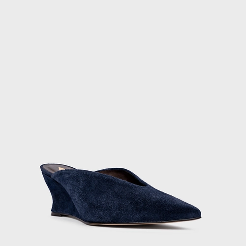 Mule Bico Fino Anabela Slim Couro Suede Azul Navy