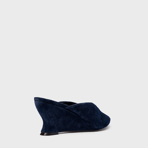 Mule Bico Fino Anabela Slim Couro Suede Azul Navy