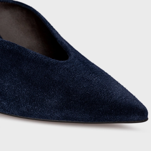 Mule Bico Fino Anabela Slim Couro Suede Azul Navy