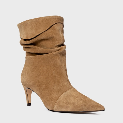 Bota Slouchy Timeless Salto Fino Couro Suede Bege Almond