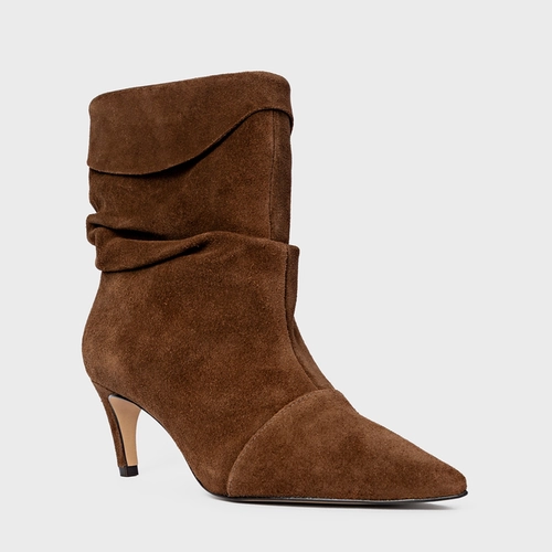 Bota Slouchy Timeless Salto Fino Couro Suede Marrom Brownie