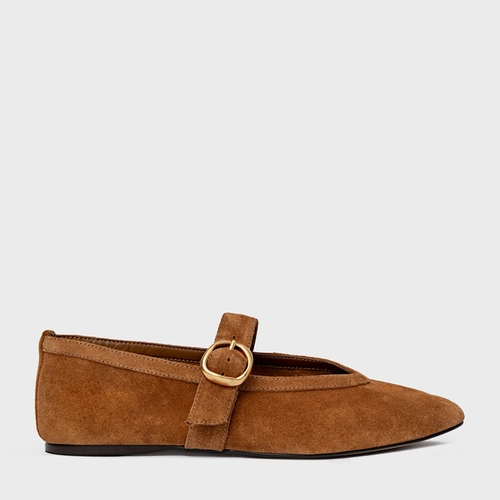 Sapatilha Essential Fivela Couro Suede Marrom Saddle