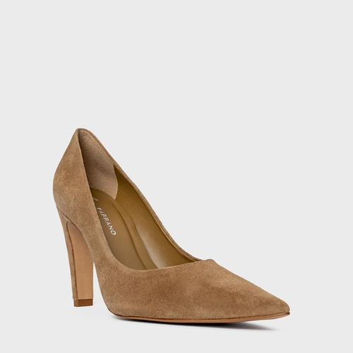 Scarpin Gio Salto Fino Couro Suede Bege Almond