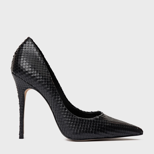 Scarpin Loretta Salto Fino Couro Snake Preto