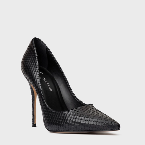 Scarpin Loretta Salto Fino Couro Snake Preto