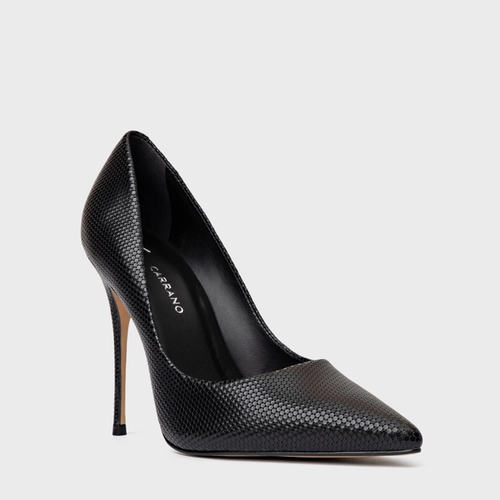 Scarpin Loretta Salto Fino Couro Metallic Preto