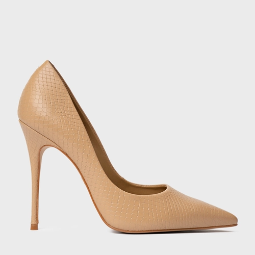Scarpin Loretta Salto Fino Couro Snake Bege Dune