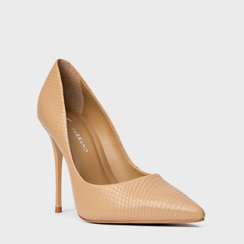 Scarpin Loretta Salto Fino Couro Snake Bege Dune