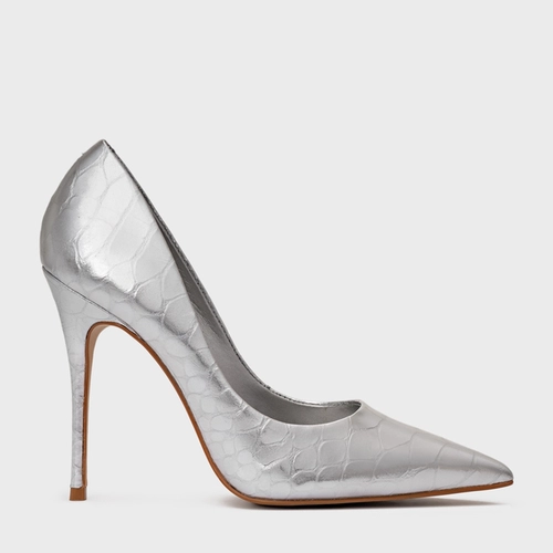 Scarpin Loretta Salto Fino Couro Snake Metalizado Prata
