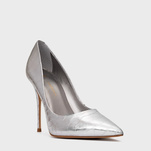 Scarpin Loretta Salto Fino Couro Snake Metalizado Prata