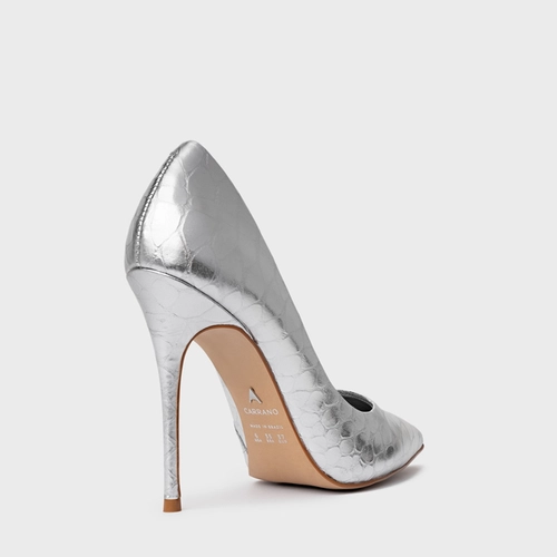 Scarpin Loretta Salto Fino Couro Snake Metalizado Prata