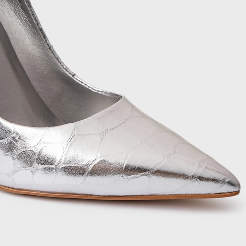 Scarpin Loretta Salto Fino Couro Snake Metalizado Prata